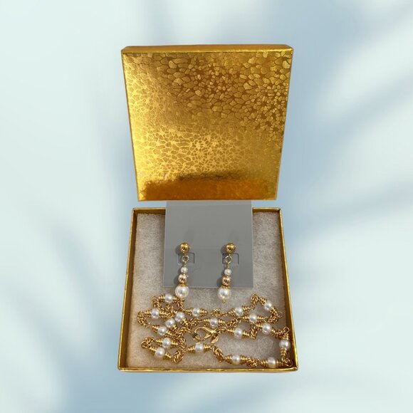 B.C. Lind 14KGE Faux Pearl Necklace Gold Chain Link 18" Retro Classic & Earrings - Picture 2 of 7
